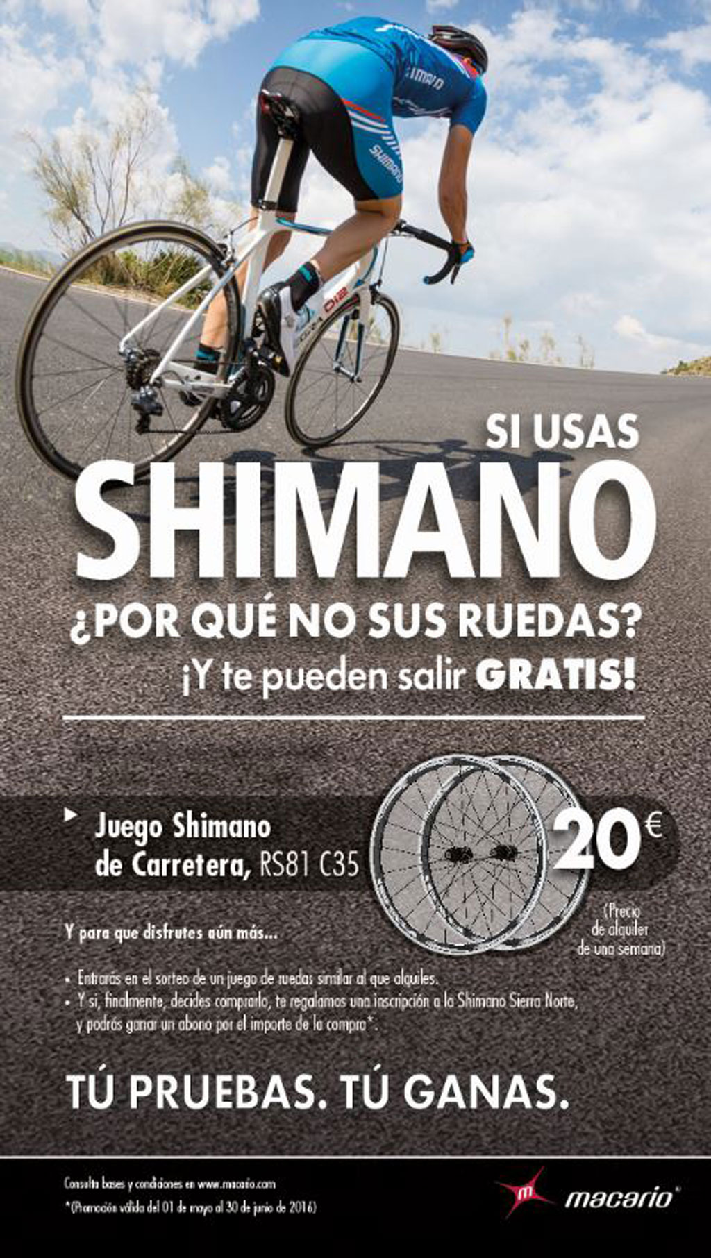 Cartel promocion alquiler ruedas Shimano de carretera de Macario Llorente.